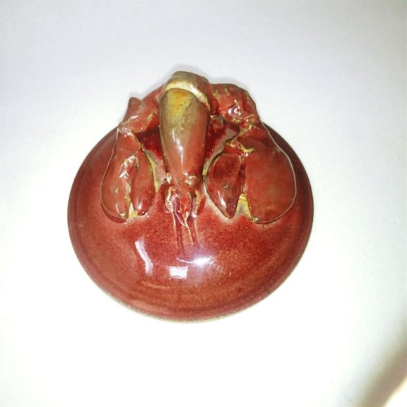 Bowl Serving Bowl Lobster Lid Glazed Pottery Burgundy Vintage Kitchen Decor - Picture 8 of 10